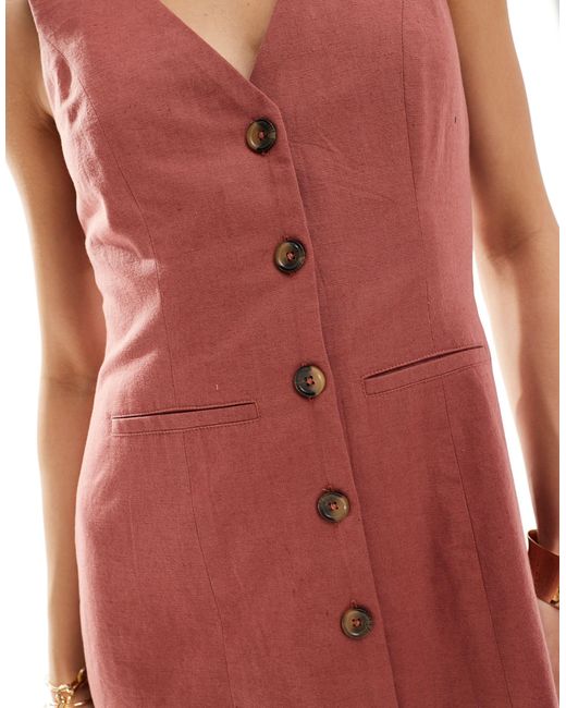ASOS Red Mini Button Through Linen Waistcoat Dress