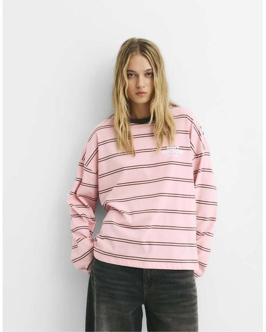 Pull&Bear Pink Striped Text T-shirt