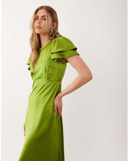 New Look Green Flutter Sleeve Satin Midi Dress
