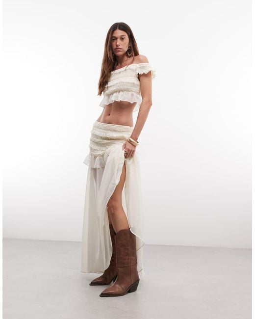 TFNC London White Shirred Chiffon Ruffle Sheer Maxi Skirt