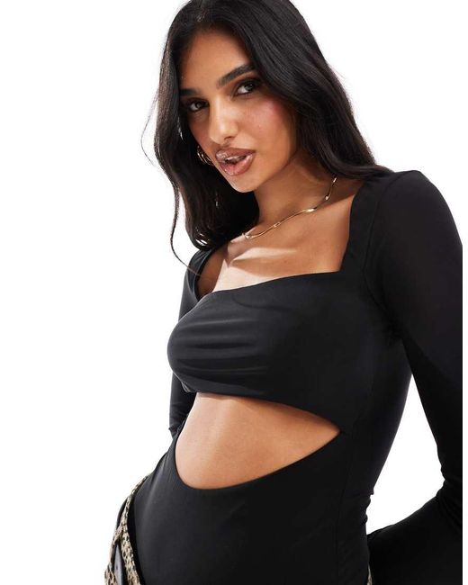 ASOS Black Slinky Cut Out Long Sleeve Bodysuit