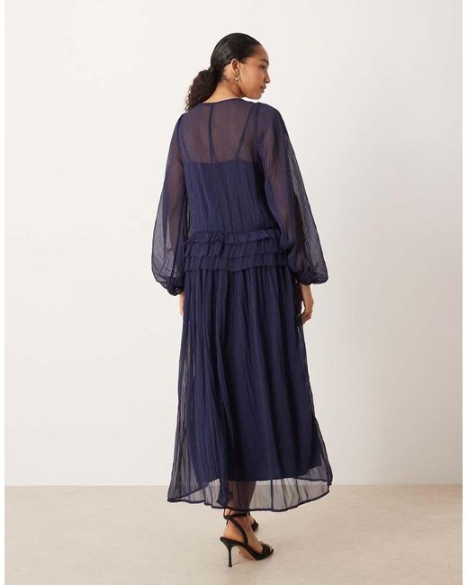 ASOS Blue V Neck Smock Midi Dress With Ruffles
