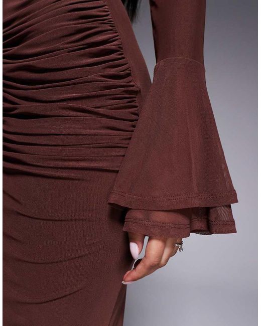 ASOS Purple Mesh Flute Sleeve Maxi With Plunge Back Detail Dress