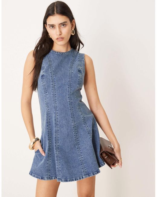 Abercrombie & Fitch Blue High Neck Fit & Flare Panelled Mini Dress