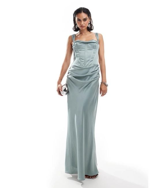 ASOS Blue Corset Detail Draped Satin Maxi Dress With Lace Up Back