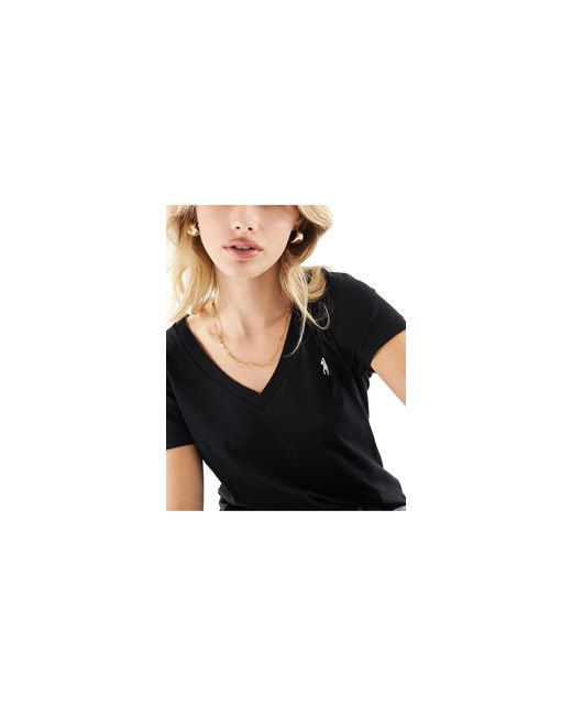 T-shirt nera con scollo a v e logo di Polo Ralph Lauren in Blue
