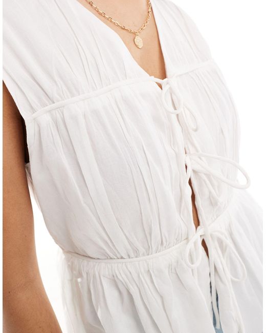 Y.A.S White Smocked Tie Front Sleeveless Blouse