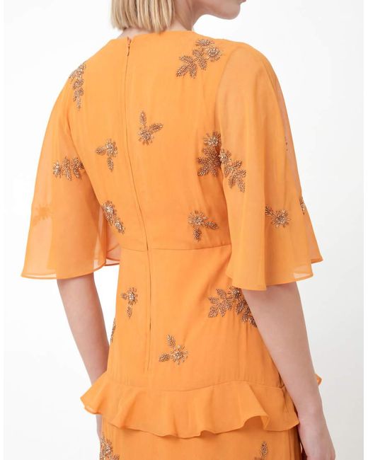 Maya Orange Floral Embellished V Neck Kimono Sleeve Ruffled Maxi Dress