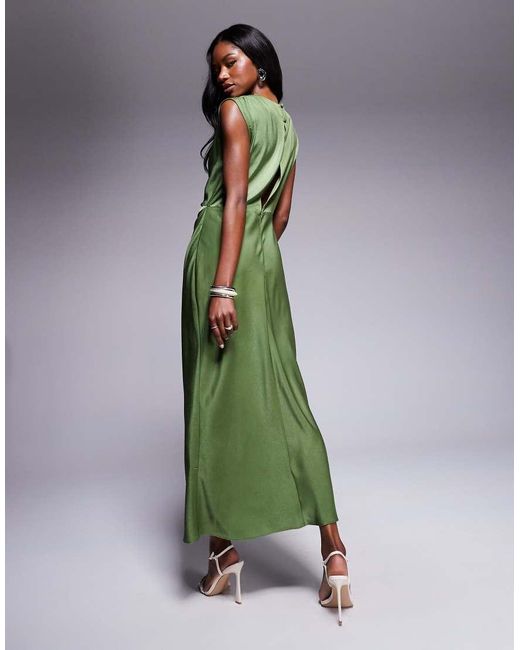 Vestido Midi De Cuello Alto Con Cuerpo Plisado De Satén De ASOS de color Green