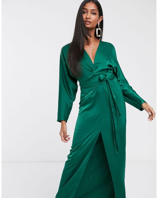 ASOS Green Maxi Dress With Batwing Sleeve And Wrap Waist