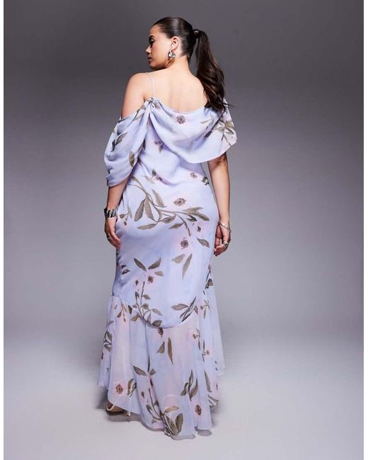 Vestido Semilargo Azul De Corte Al Bies Con Cuello Desbocado, Bajo Asimétrico Y Estampado Floral De Asos Design Curve ASOS de color Purple