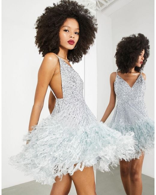 ASOS Sequin Cami Mini Dress With Faux Feather Hem in White | Lyst Canada