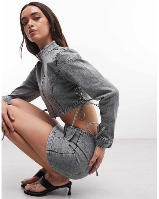 Liquor N Poker Gray Snap Collar Cropped Denim Biker Jacket With Tie Detail