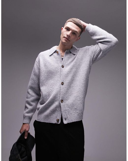 Topman Gray Knitted Button Through Cardigan for men