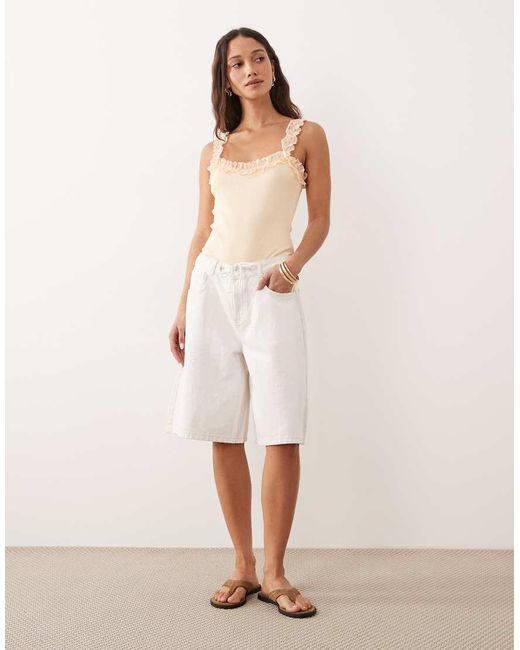 Miss Selfridge Natural Ribbed Bodysuit With Lace Ruffle Detail