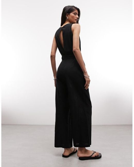 Monki Black Linen Sleeveless Wide Leg Jumpsuit With Tie Belt Detail
