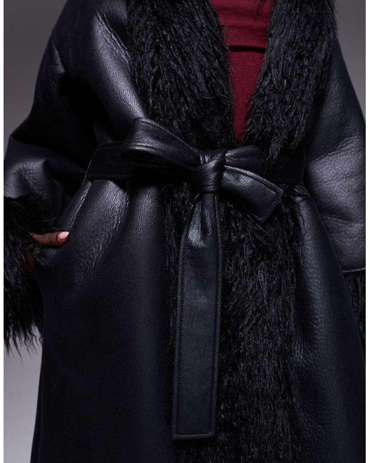 Aria Cove Blue shaggy Faux Fur Trim Leather Look Maxi Coat