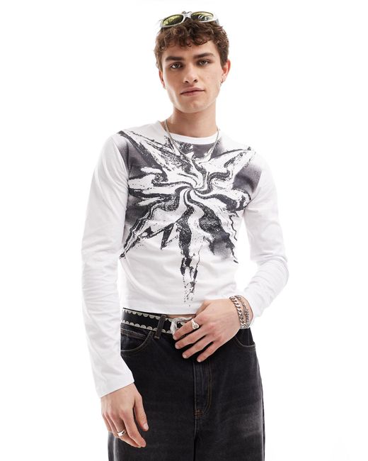 Collusion White Long Sleeve Shrunken T-shirt With Doodle Graphic for men