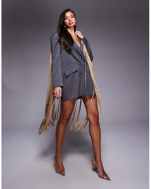 ASOS Gray Oversized Blazer Dress With Faux Leather Fringing