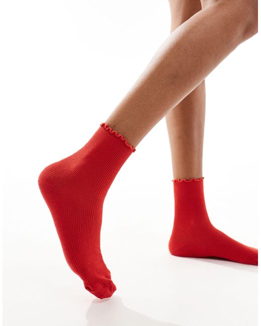 TOPSHOP Red Ribbed Frill Socks