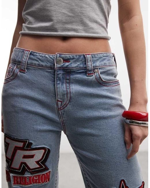 True Religion Blue Bobbi baggy Moto Applique Jeans