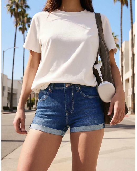 Bershka Blue Denim Roll-up Shorts
