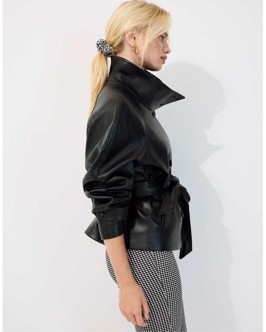 Stradivarius Black High Neck Leather Effect Trench Coat