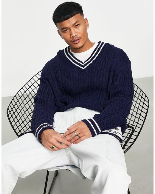 ASOS Cable Knit Cricket Jumper in Navy (Blue) for Men Lyst