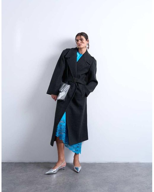 TOPSHOP Blue Dropped Waist Belted Longline Formal Coat