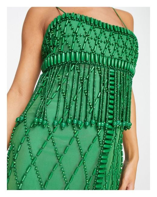ASOS Embellished Midi Dress With Fringe Detail And Wooden Beads in Green |  Lyst
