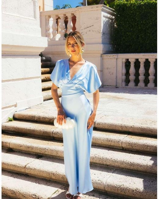 Gina Tricot Blue Batwing Plunge Satin Maxi Dress