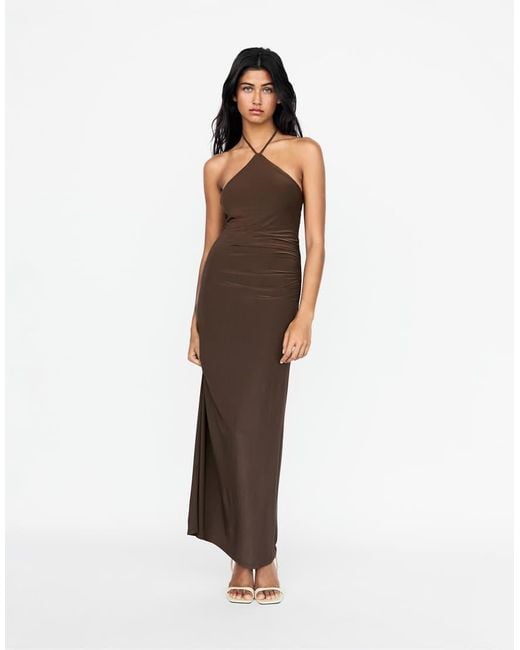 Vestito Midi Drappeggiato Allacciato Al Collo di Pull&Bear in Brown