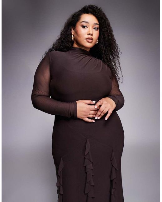 ASOS Asos Design Curve Mesh Long Sleeve Maxi Dress With Waterfall ...