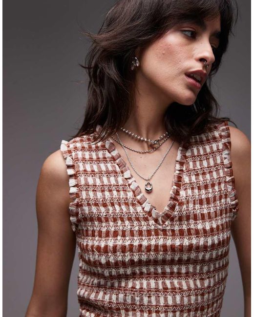 Top A Cuadros Vichy Color Óxido Fruncido Sin Mangas Con Cuello De Pico De -Marrón TOPSHOP de color Brown