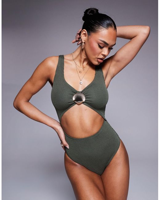 South Beach Gray Crinkle Stripe Cut Out Swimsuit