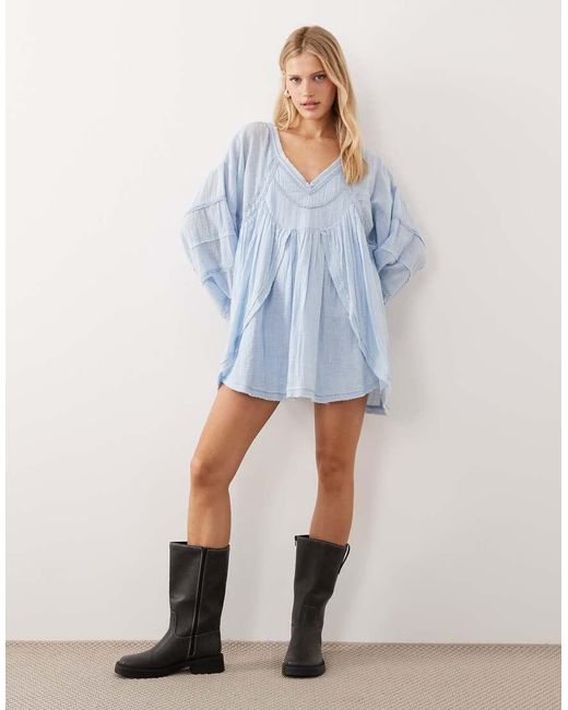 ASOS Blue V Neck Laundered Smock Mini Dress