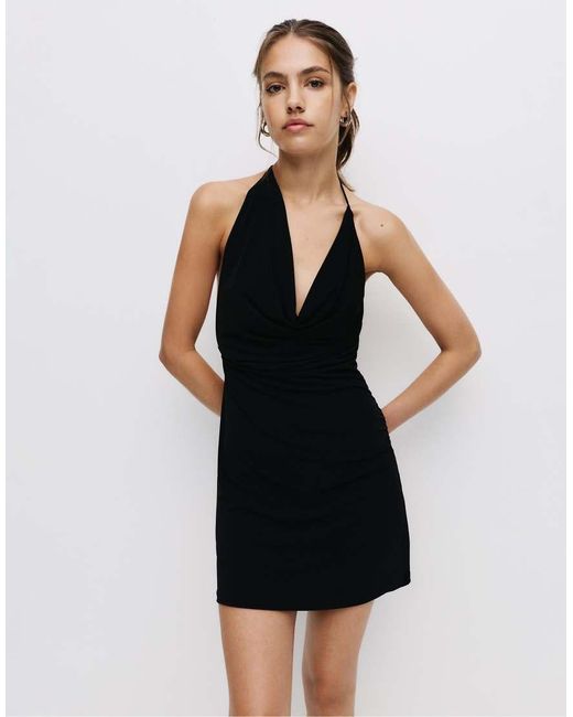 Pull&Bear Black Short Draped Halter Dress
