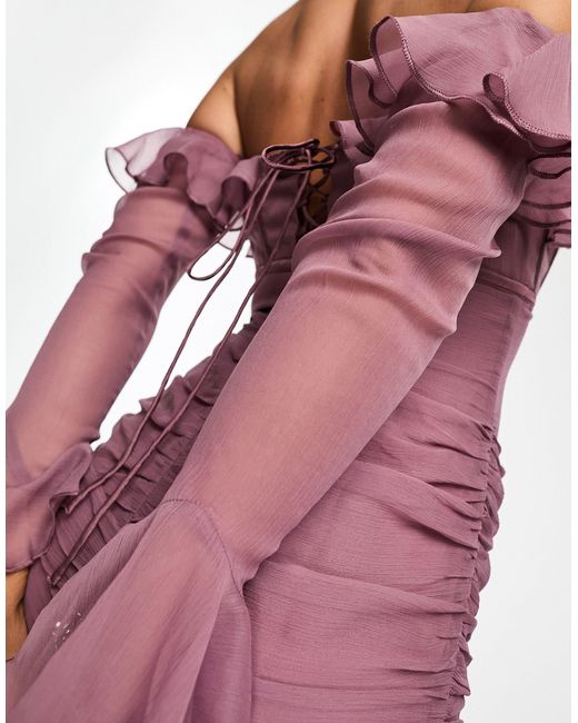 Robe mi-longue à encolure bardot et détail corset avec jupe froncée - mauve ASOS en coloris Pink
