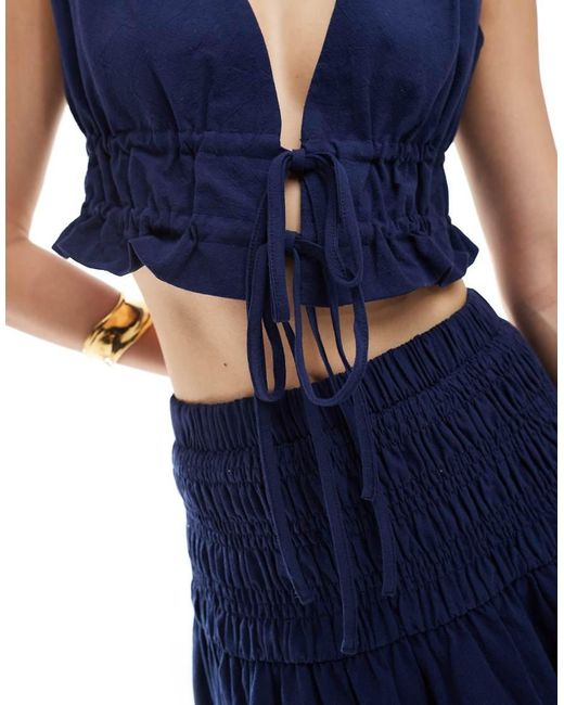 4th & Reckless Blue Linen Look Cropped Tie Front Waistcoat Co-ord