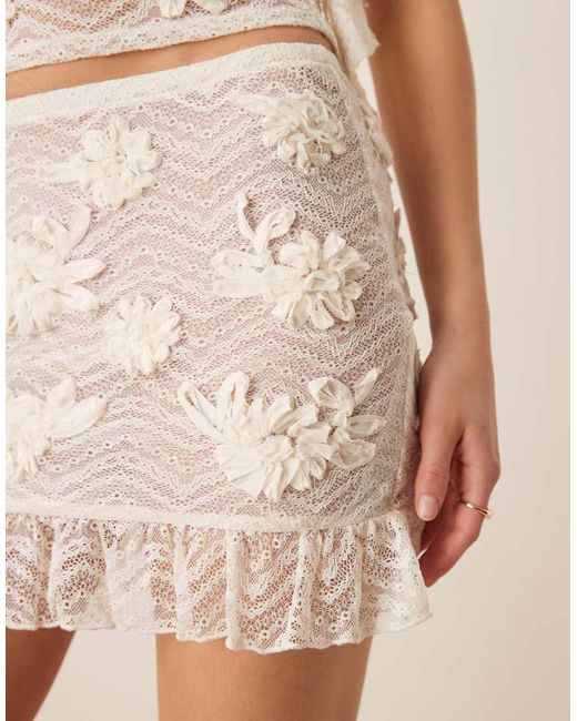 ASOS Natural Co-ord Textured 3d Floral Detail Frill Hem Mini Skirt
