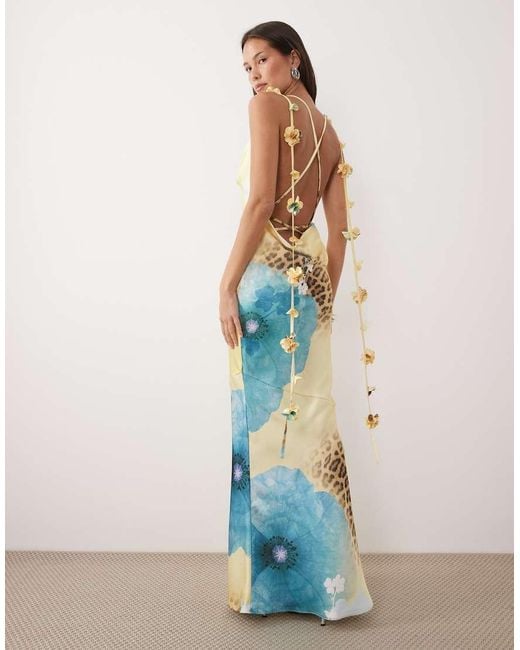 Wanderdoll Blue Exclusive Aria Satin Cowl Neck Drape Flower Detail Cross Back Maxi Dress