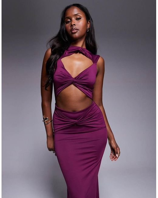 Aria Cove Purple Slinky Ruched High Neck Bodycon Maxi Dress