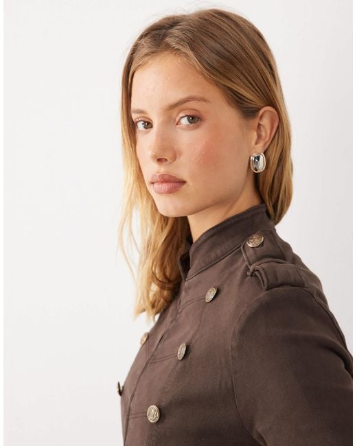 Mango Brown High Neck Structured Military Jacket