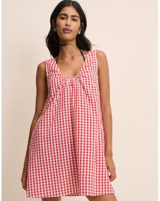 Nobody's Child Pink Gingham Scoop Neck Mini Beach Dress
