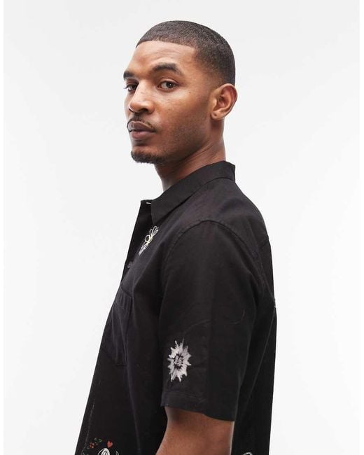 AllSaints Black Karlton Short Sleeve Linen Blend Embroidered Shirt for men