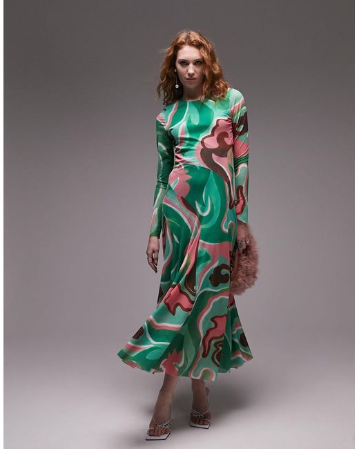 Robe mi-longue à découpe à motif tourbillon - vert et rose TOPSHOP en coloris Multicolor
