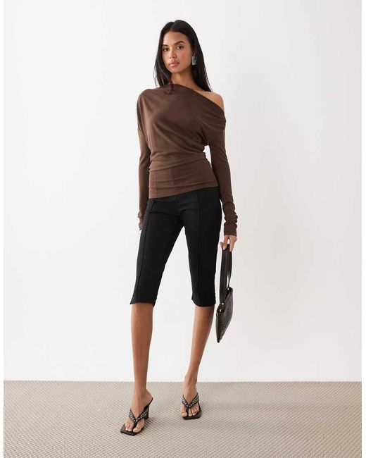 ASOS Brown Drape Off Shoulder Top With Cinch Waist