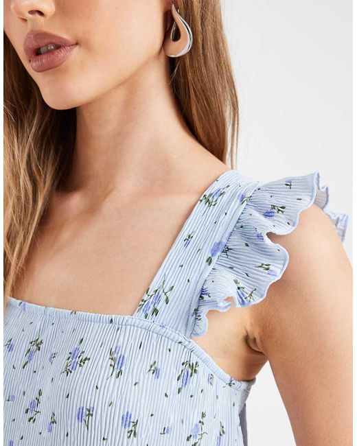 Pieces Blue Plisse Maxi Dress With Frill Sleeves