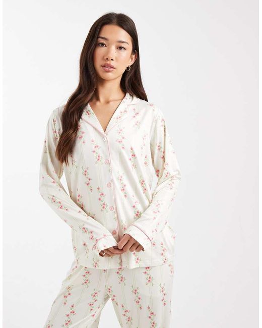 Threadbare White Button Down Super Soft Pyjama Set With Floral Print