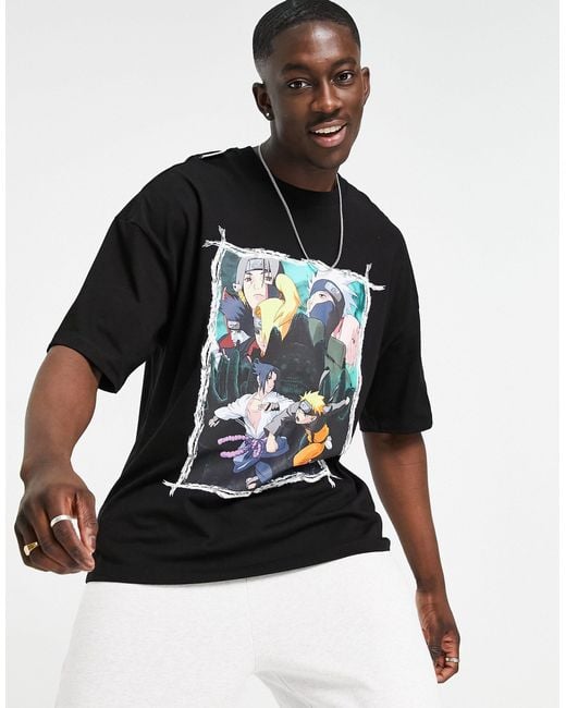 Bershka Black Naruto Oversized Chest & Back Print T-shirt for men